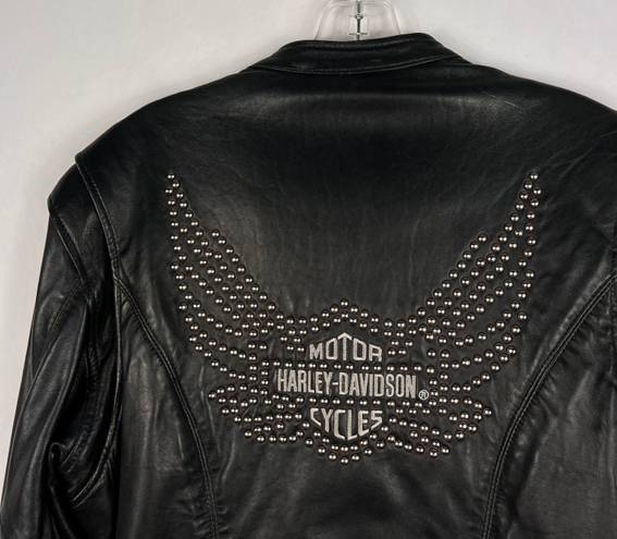 Harley Davidson Black Soft Leather Zip Front Studded Angel Wing Logo Jacket