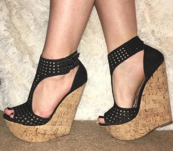 Charlotte Russe Black T Strap Cork Wedges