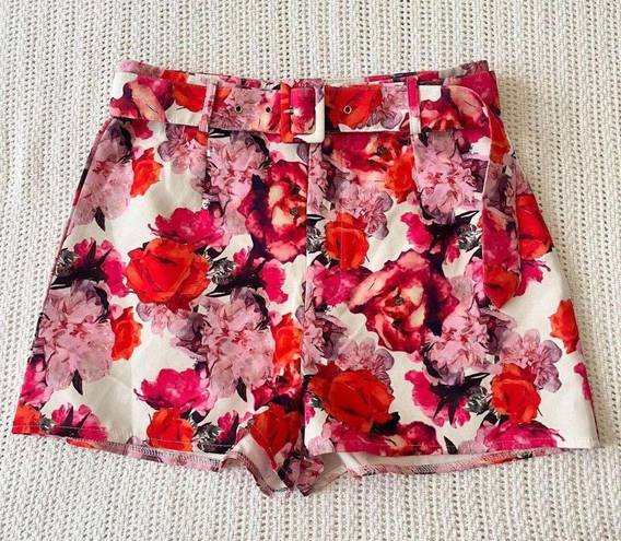 Missguided Red Pink White Floral Belted High Rise Shorts Size 6