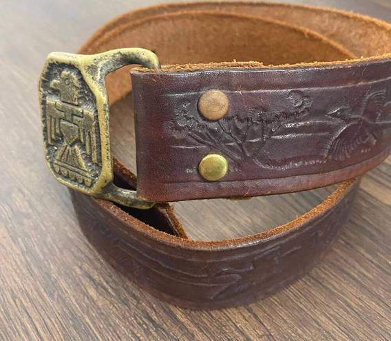 Vintage brown tooled leather western brass clasp belt