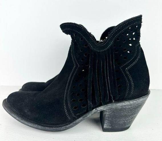 Shyanne  Women's Nicki Zipper Booties Laser Cut Fringe Black Suede Size 7