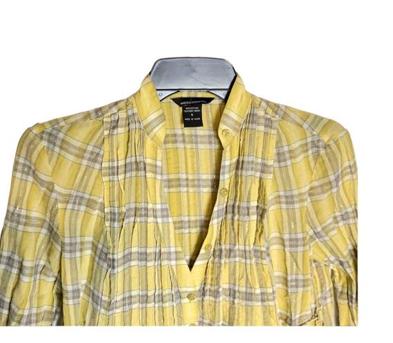 Moda International Gold, Gray, White Plaid w Gold Metallic Threading Shirt Wm S