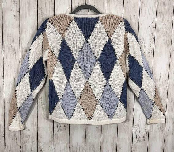 Dress Barn Vintage  90s Knitted Zip Up Long Sleeve Argyle Sweater Size: Small