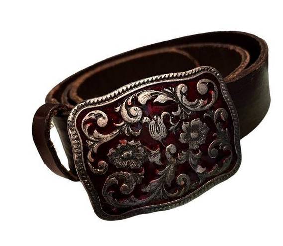 Gap  Brown Leather Ladies Belt, Red Enameled Floral Buckle, Sz S