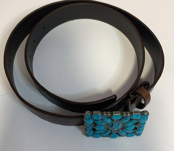 BROWN LEATHER BELT with TURQUOISE BUCKLE
