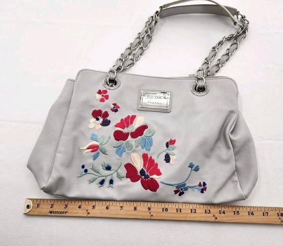 Nicole Miller  Faux Leather White Shoulder Bag Floral Embroidery Purse Hand Bag