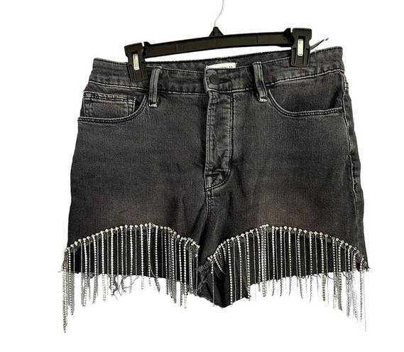 Good American  The Bombshell Denim Short Black Size 8 Cutoff Rhinestone Fringe