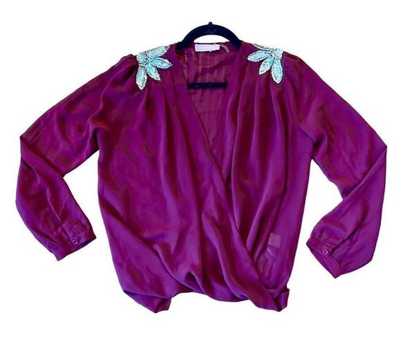 Harper  burgundy faux wrap metallic appliqué blouse size small