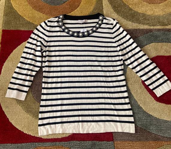 Dress Barn NWT  Roz & Ali Stripe Faux Pearl Jewel Lightweight Sweater Top Medium