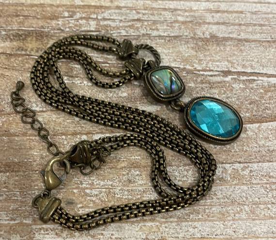 Vintage Bronze Gold Blue Pendant Statement Necklace