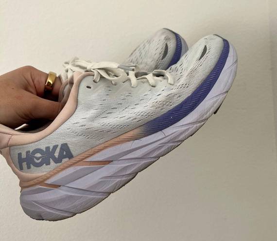 Hoka Clifton 8 Peach And Purple Tennis Shoes