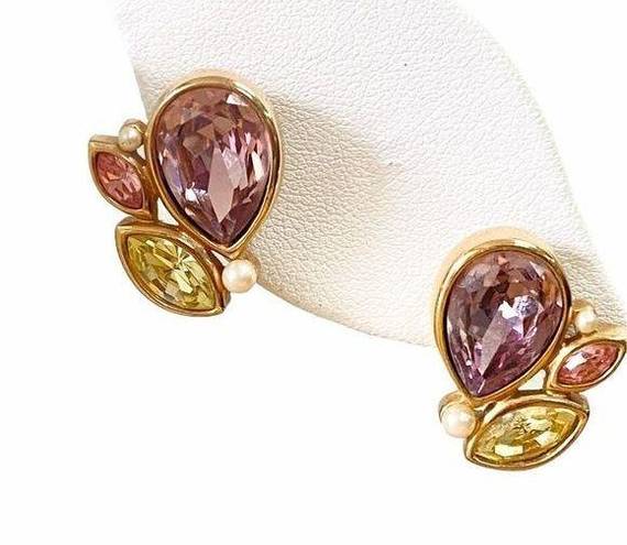 Swavorski Swarovski Swan Multicolor Goldtone Faux Pearl Purple Green Pink Stud Earrings