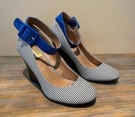 mix no. 6  Striped Wedge Heels Blue White Party Ankle Straps Womens 7
