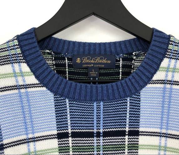 Brooks Brothers  Supima Cotton Plaid Crewneck Sweater Blue White Green L