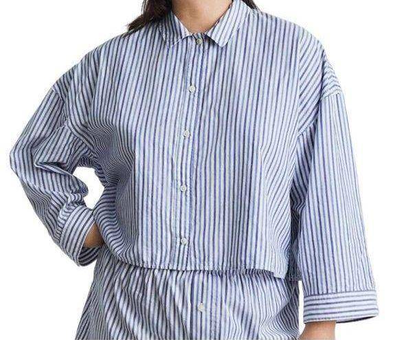 Everlane  Womens The Woven PJ Top Size S Blue White Striped Long Sleeve Boxy Fit