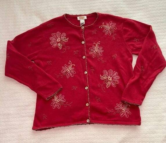 Talbots PL  Red Cardigan with Floral Embroidery