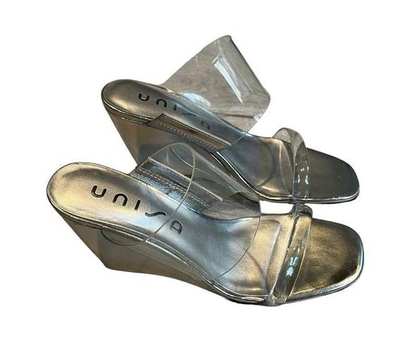 Unisa  Nietra Clear Lucite & Silver Wedge Slide Sandal, Sz 6