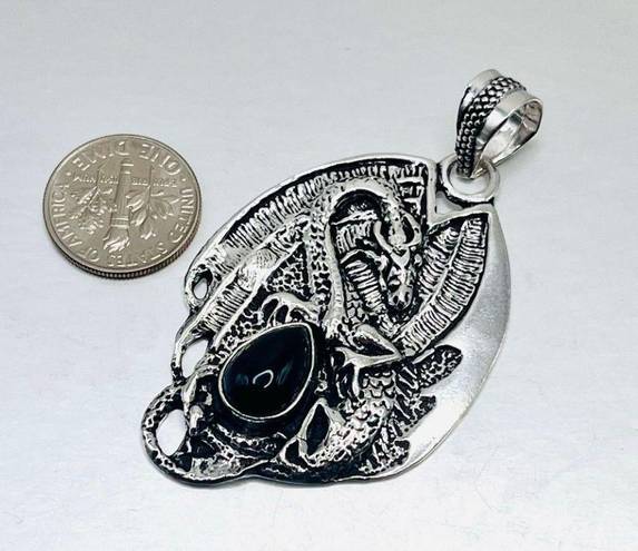 Onyx Dragon Natural Black  Sterling Silver 2.4” Pendant