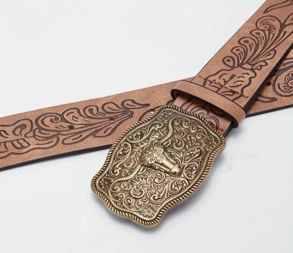 Western Style Bull Head Buckle Unisex Belt Vintage Embossed Brown