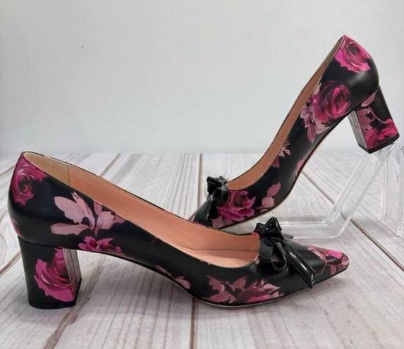 Kate Spade  Black and Pink Rose Floral Block Heel Pumps with Bow Size 6.5M