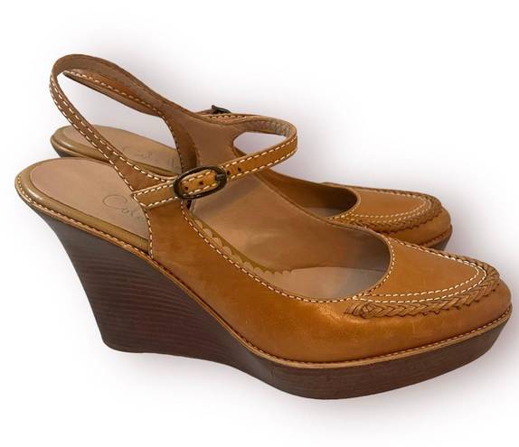 Cole Haan Platform Wedge Slingback Shoes Sandals Tan Camel Leather Sz 7.5