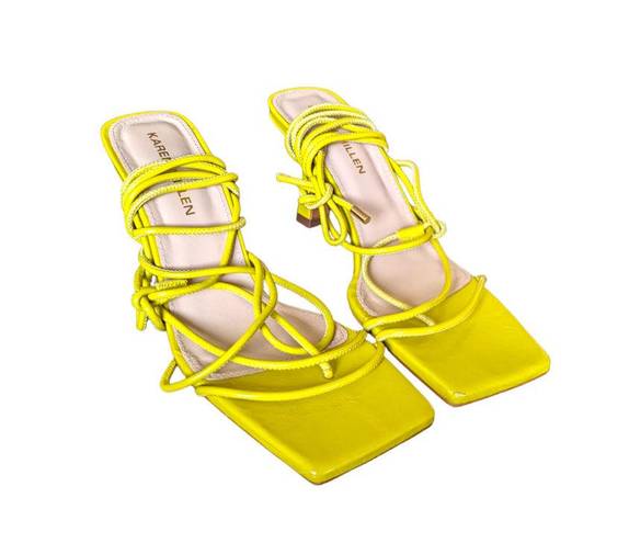 Karen Millen  Leather Ankle Tie Heeled Sandal Lime Green Yellow Neon Square Toe