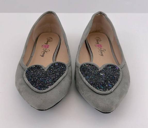 Penny Loves Kenny  Heart Glitter Sequin Pointy Toe Gray Suede Flats