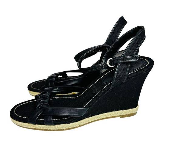 Ann Taylor Black Canvas & Leather Wedge Sandals Women’s Size 8M