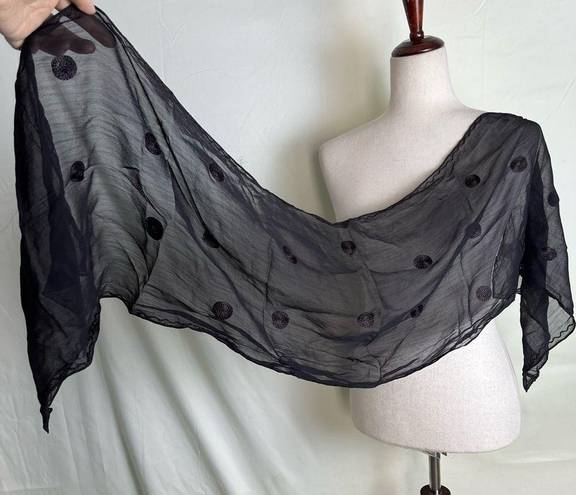 Vintage Sheer Black Scarf Embroidered Polka Dot Boho Fairy Grunge Goth 13x58