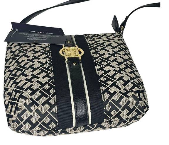 Tommy Hilfiger NEW  CROSSBODY HANDBAG Black Tan Jacquard Faux Leather Logo Purse