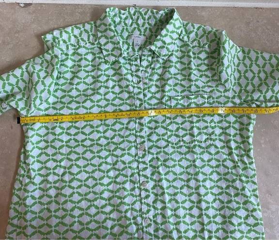 Caslon  Green Geometric Button Up Roll Tab Sleeve Women L Linen Blend Collared