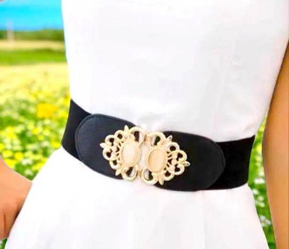 Buckle Black Golden Double  Waspie Belt Stretchy Elastic Accentuating Waistband