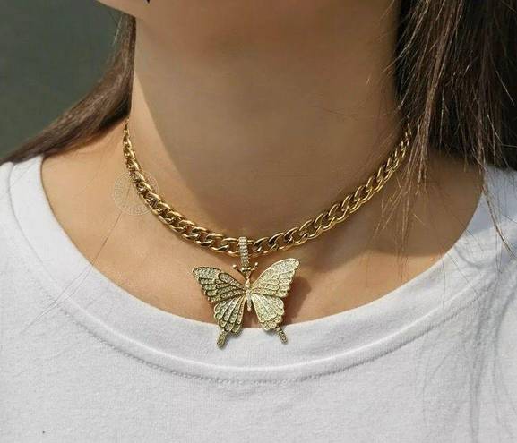 Custom Made NEW gold Plated Cuban Link Butterfly Chain Necklace