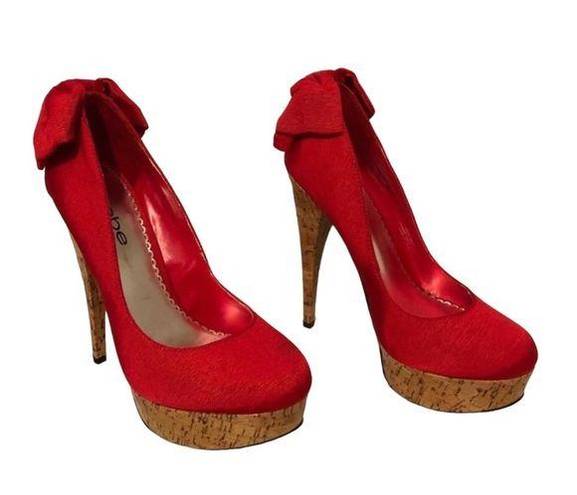 Bebe  Stiletto High Heels Kahilia Ruby Red Size 8 Platform Cork Bow Formal