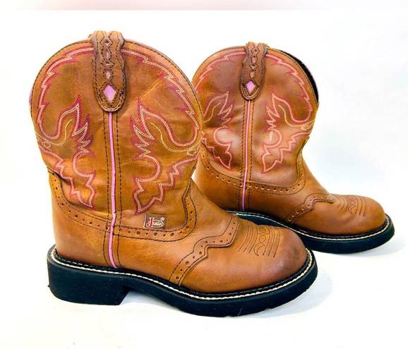Justin Boots JUSTIN GYPSY Gemma Brown Leather Pink Embroidery Western Boots L9903 size 7B