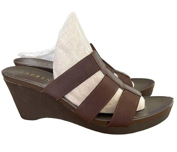 Ralph Lauren Lauren  Sandals Wedge Shoes 9 M Brown  Slip On Peep Toes Platform