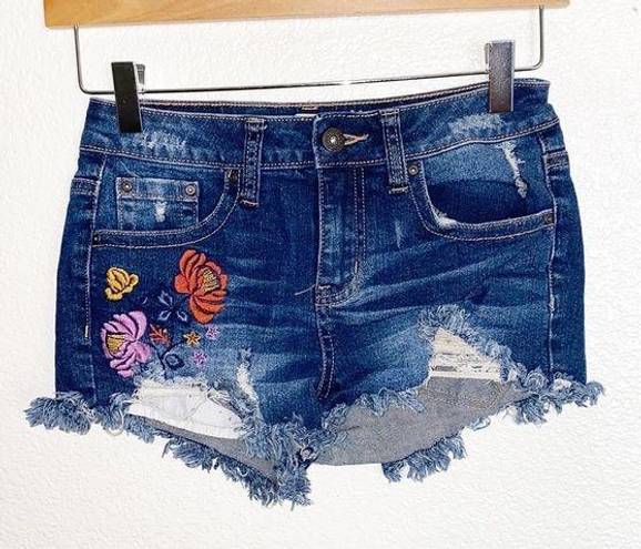 Zco Jeans  Floral Embroidered Raw Hem Jean Shorts