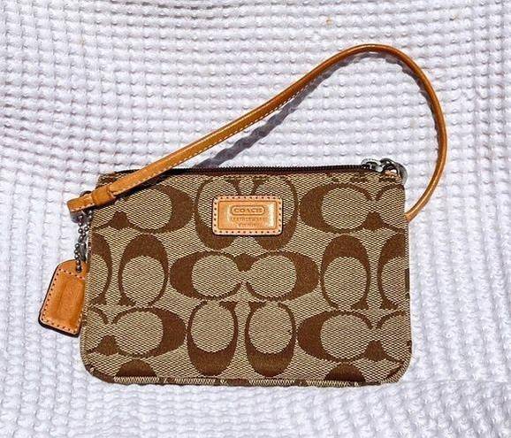 Coach wristlet- signature monogram khaki and tan