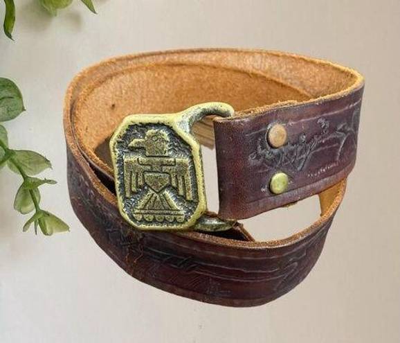 Vintage brown tooled leather western brass clasp belt