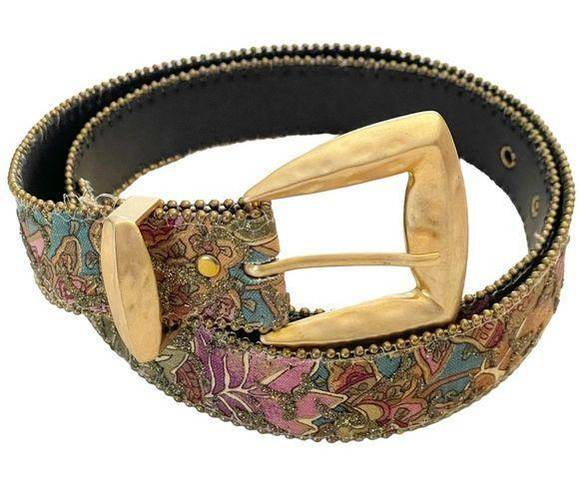 Vintage Made in the USA Size Medium Floral Gold Brass Buckle Fabric Belt