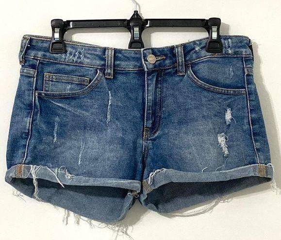 Mango Denim & Tees Blue Denim Cut Off Cuffed Shorts with Frayed Hem Size 6