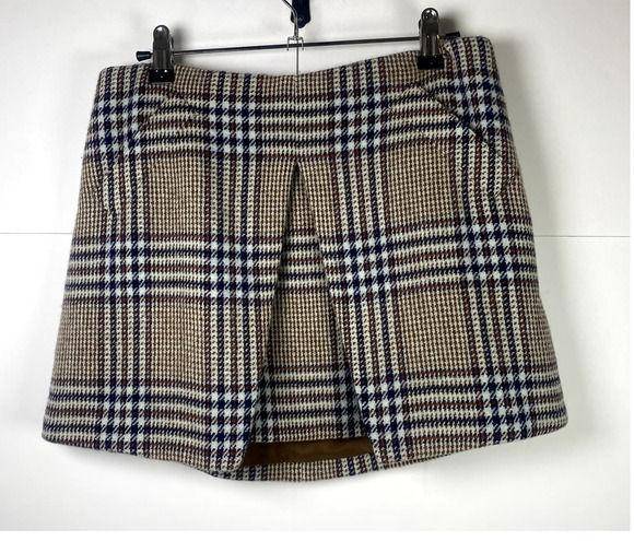 Rachel Zoe  Size 2 Plaid Mini Skirt Pleated Brown, Navy, White Preppy Wool Blend