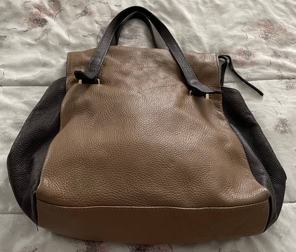 Vera Pelle Leather Tan & Brown Colorblock Shoulder Bag Handbag, size 14x14x4 Made in Italy