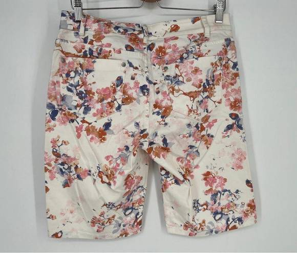 J.Jill  Denim Bermuda Shorts Sz 8 White Pink Blue Floral Stretch Cotton