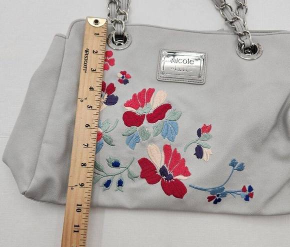 Nicole Miller  Faux Leather White Shoulder Bag Floral Embroidery Purse Hand Bag