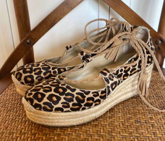 Ann Taylor  Elsa leopard printed calf hair espadrille wedges size 7