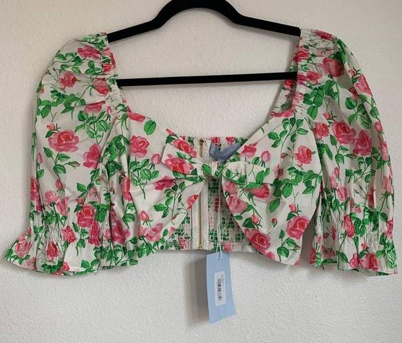 Hill House NWT  Home Puff Sleeve Floral Bow Crop Top in White/Pink