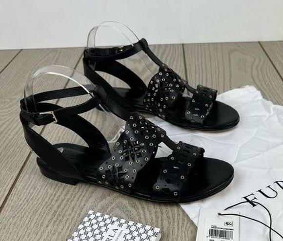 Furla  Aurora Laser Cut Lace Pattern Leather Sandals EUR38.5 Onyx Black $345