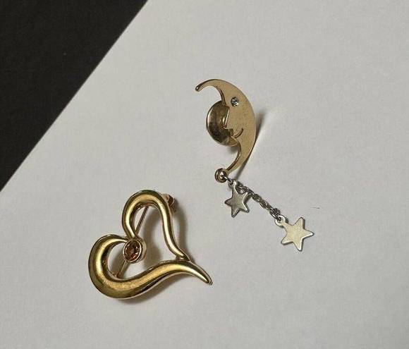 The Moon Lot Of 2 Signed Avon Gold Tone Brooch / Lapel Pin Heart / 