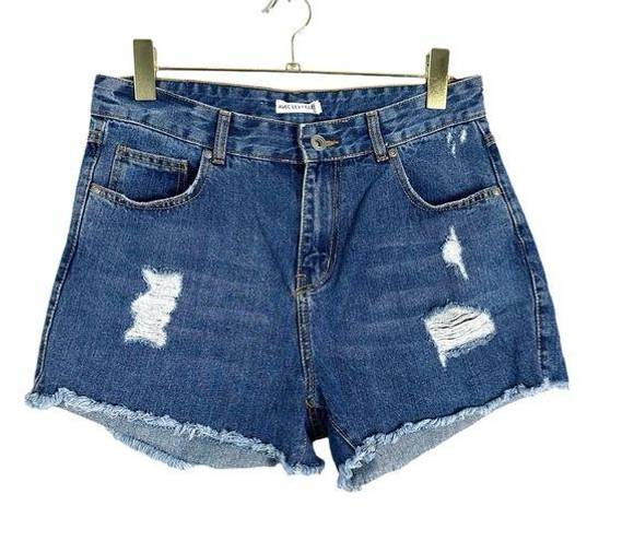 Avec Les Filles  Anthro Dark Wash Long Distressed Denim Shorts Size 29/8